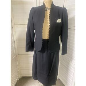 Sasson 80's 2pc Black Business Preppy Skirt and Blazer Suit Sz 10 Pencil Midi